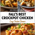 Warm plate of tender chicken and stuffing from a Fall Crock Pot Recipes Dinner served on a rustic table.